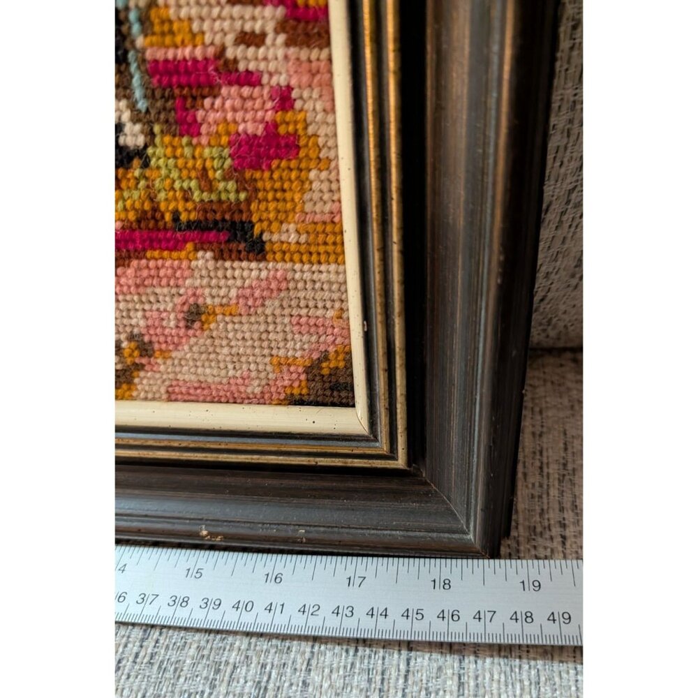 Vintage Needlepoint Tapestry Framed Scenic Landscape Art Piece 14.5x18.5 Inches - Picture 13 of 16